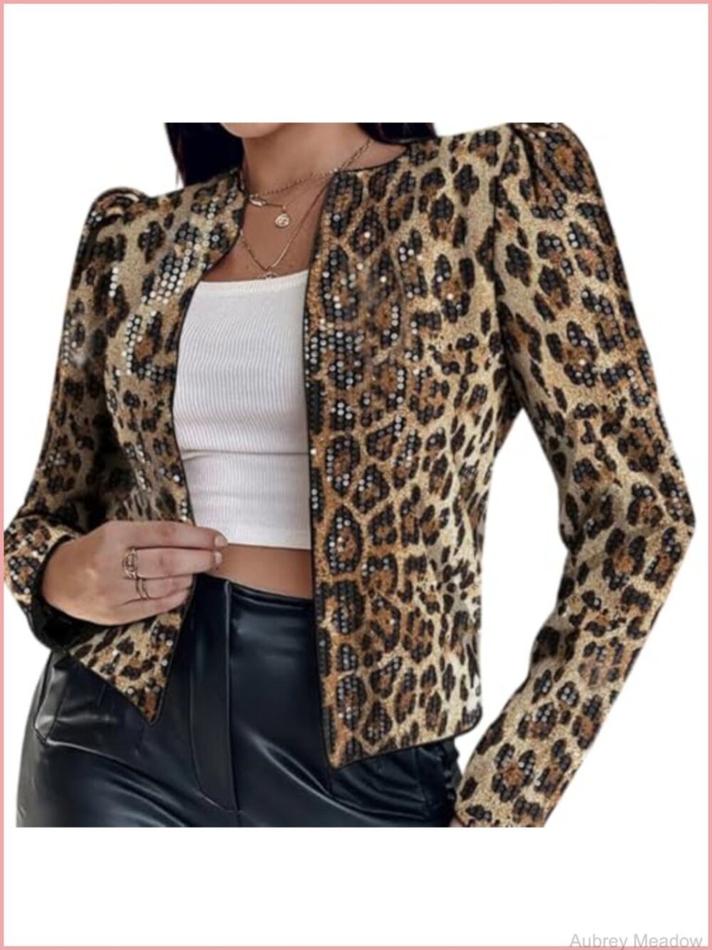 Sequin Leopard Print Long Sleeve Cardigan Blazer Slim Fit Lightweight